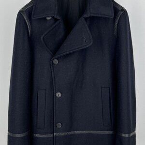 $800 AllSaints Salter Navy Wool Pea Coat Leather Trim- Medium